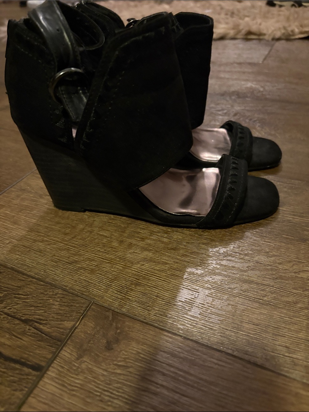 Carlos Santana Black Suede Open-Toe Wedge Sandals